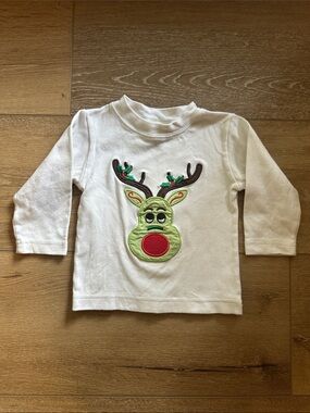 Christmas Reindeer Appliqué Shirt Baby 18M White Long Sleeve Holiday Tee